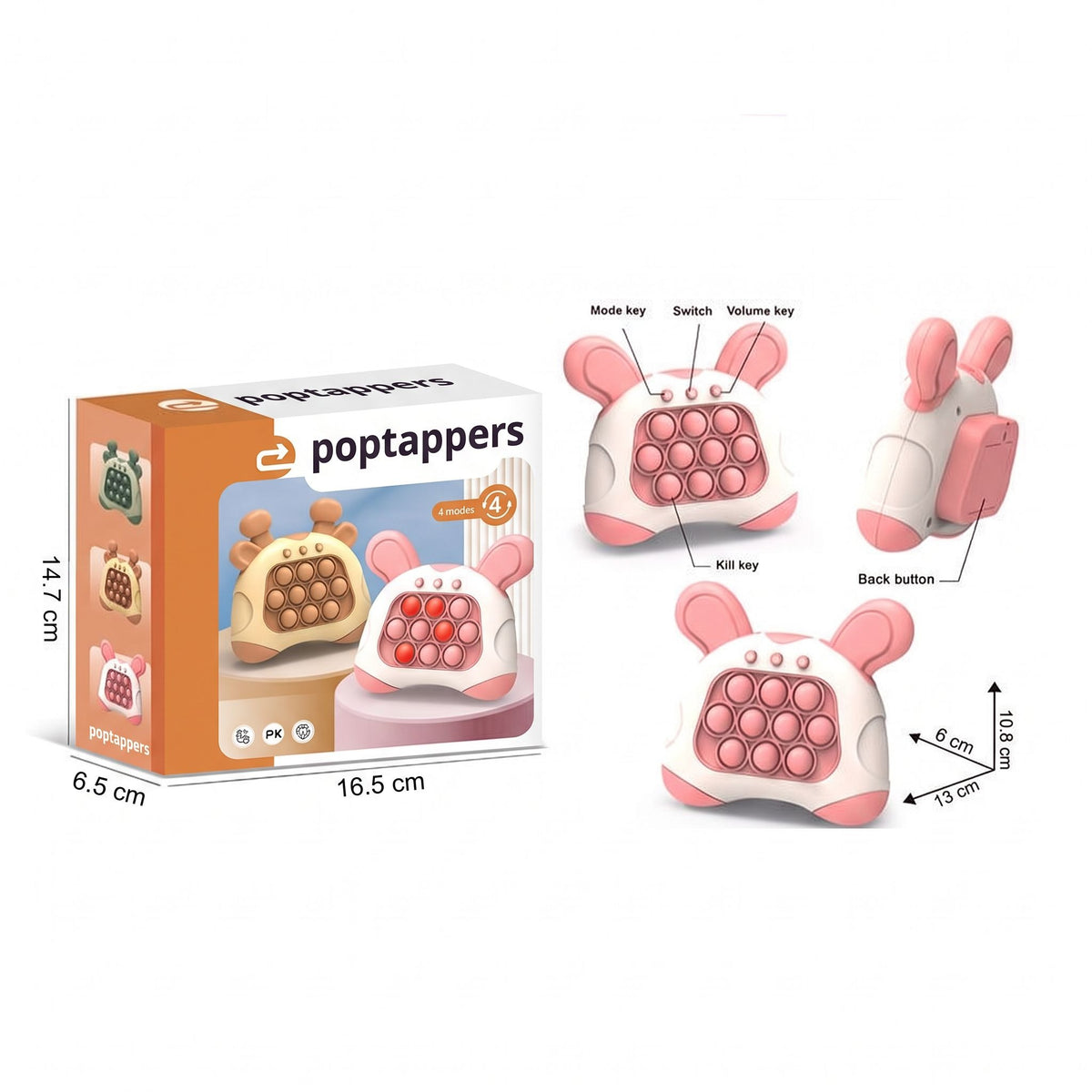 The Poptappers box and the pink bunny push game from three sides