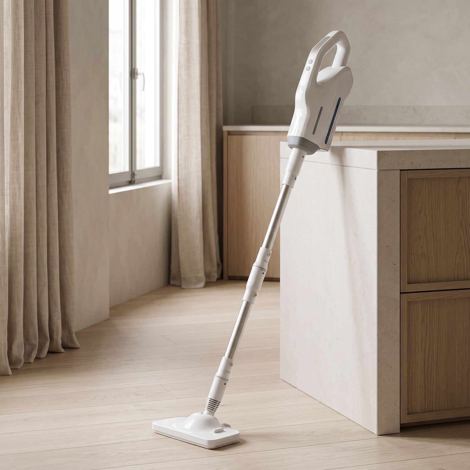 White upright steam mop leaning on a kitchen counter in an illustrative home setting