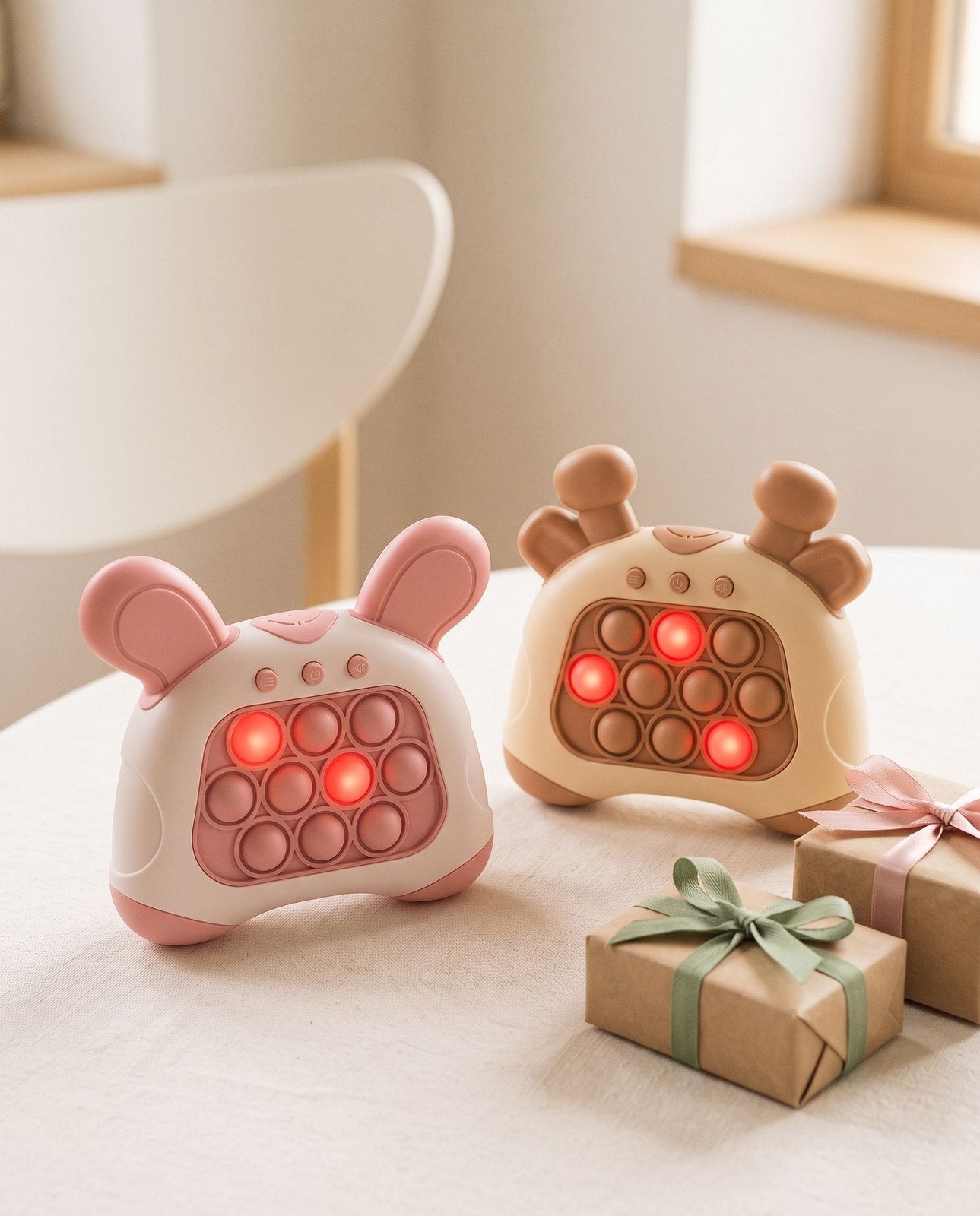 The pink bunny and brown giraffe push games beside two wrapped gifts