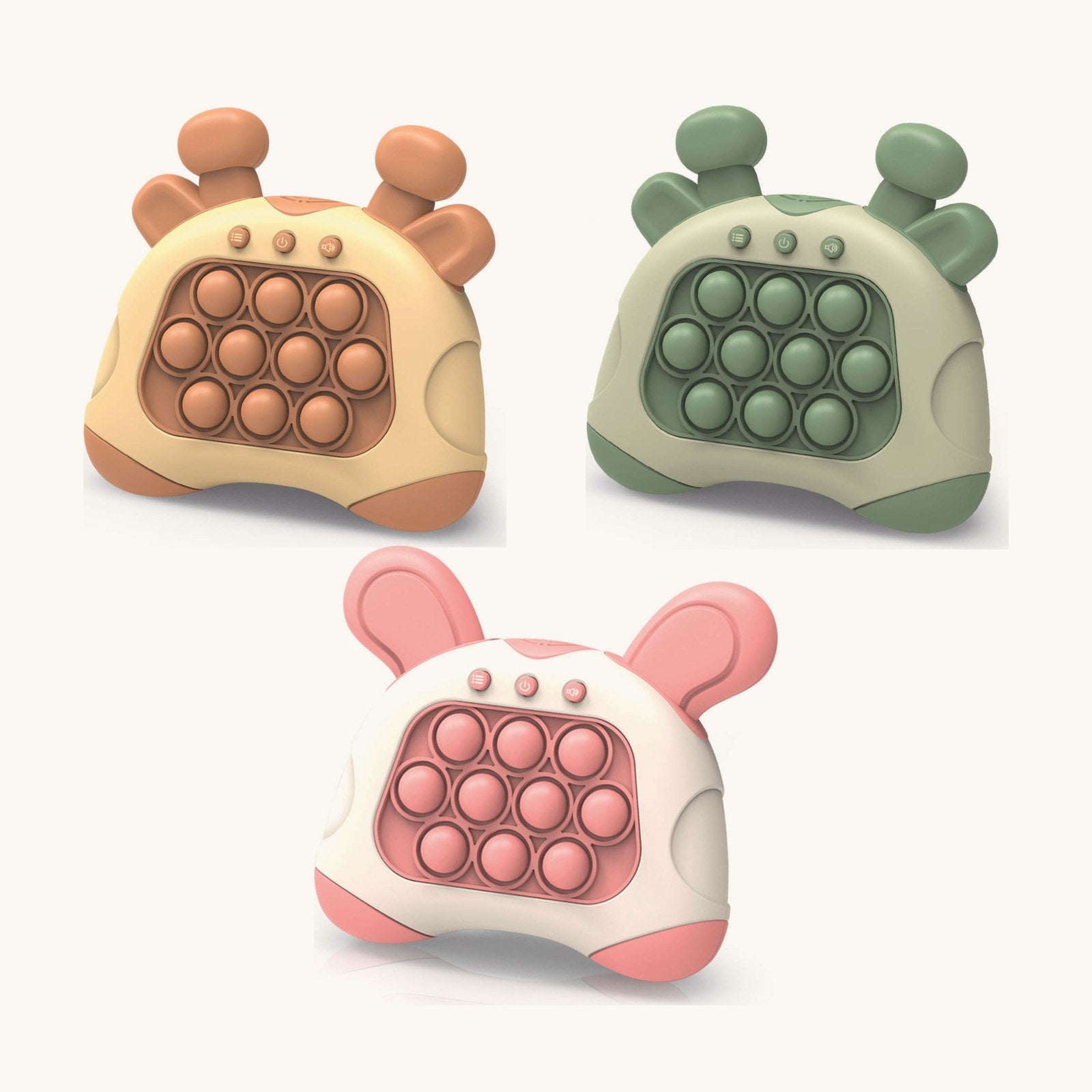 The pink bunny, green giraffe and brown giraffe push games side by side